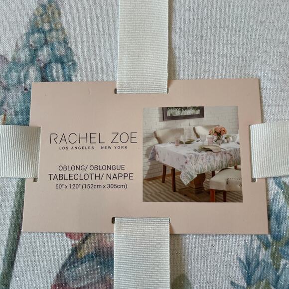 RACHEL ZOE Spring Tablecloth 60x120 Floral Bunnies Silver Glitter NEW - Picture 10 of 10